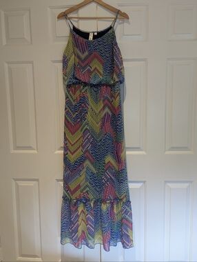 Emma & Michele Multicolor Chevron Print Maxi Summer Dress with Ruffle Hem Boho
